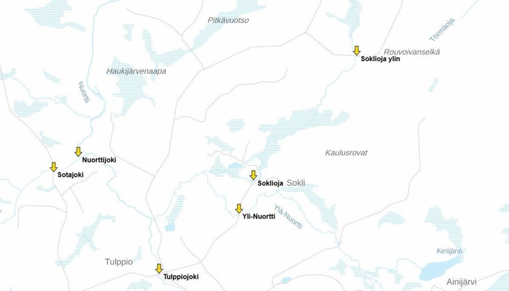 Soklin virtaamamittausten mittauspaikat kartalla.