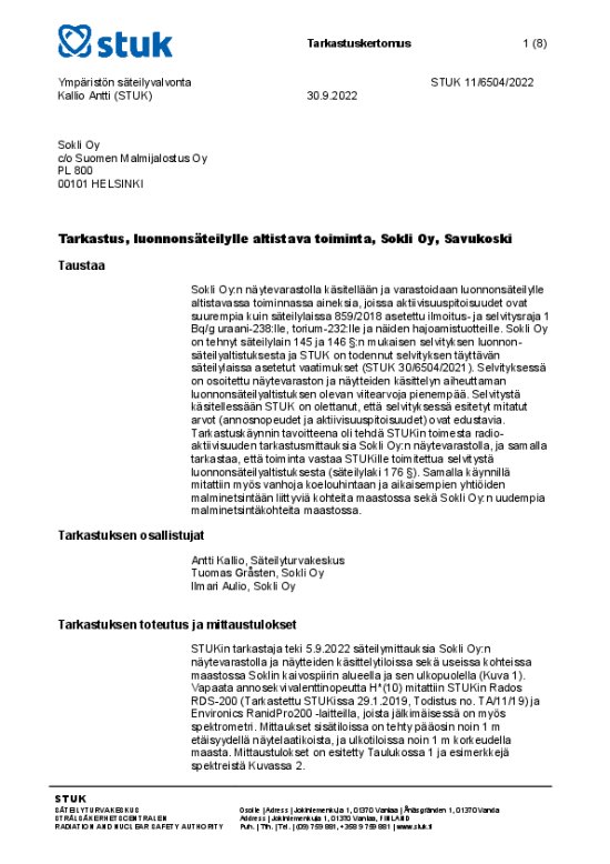 Inspection report of Radiation and nuclear safety authority (in Finnish)